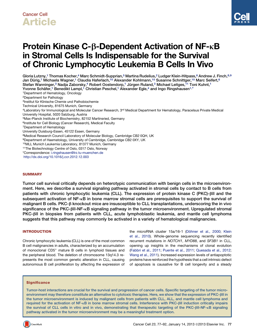 Protein Kinase C B Dependent Activation Of Nf Kb In Stromal Cells Is Indispensable For The Survival Of Chronic Lymphocytic Leukemia B Cells In Vivo Topic Of Research Paper In Biological Sciences Download Scholarly