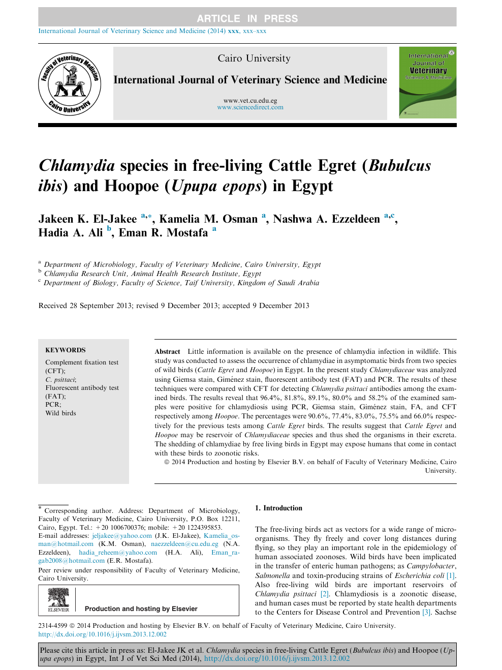 Chlamydia Species In Free Living Cattle Egret Bubulcus Ibis And Hoopoe Upupa Epops In Egypt Topic Of Research Paper In Veterinary Science Download Scholarly Article Pdf And Read For Free On Cyberleninka