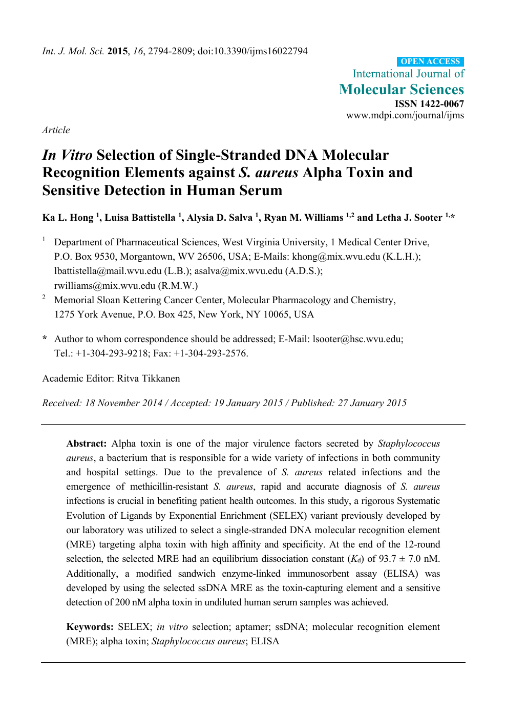 In Vitro Selection Of Single Stranded Dna Molecular Recognition Elements Against S Aureus Alpha Toxin And Sensitive Detection In Human Serum Topic Of Research Paper In Clinical Medicine Download Scholarly Article Pdf