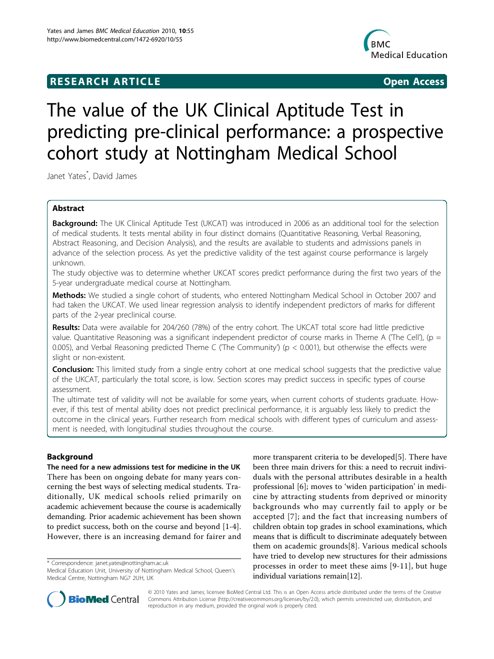The value of the UK Clinical Aptitude Test in predicting pre-clinical performance a prospective cohort study at Nottingham Medical School image