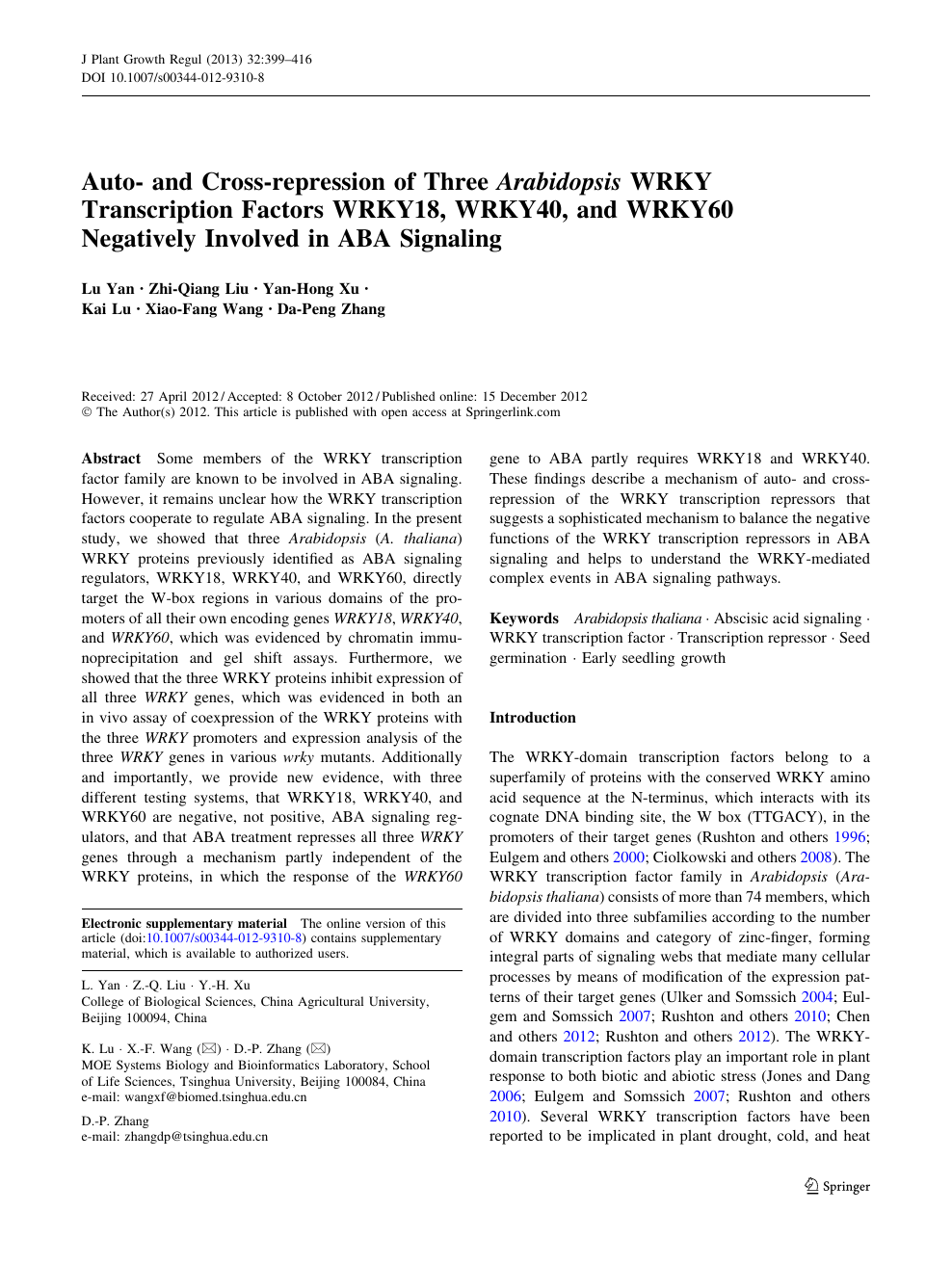 Auto And Cross Repression Of Three Arabidopsis Wrky Transcription Factors Wrky18 Wrky40 And Wrky60 Negatively Involved In Aba Signaling Topic Of Research Paper In Biological Sciences Download Scholarly Article Pdf And Read