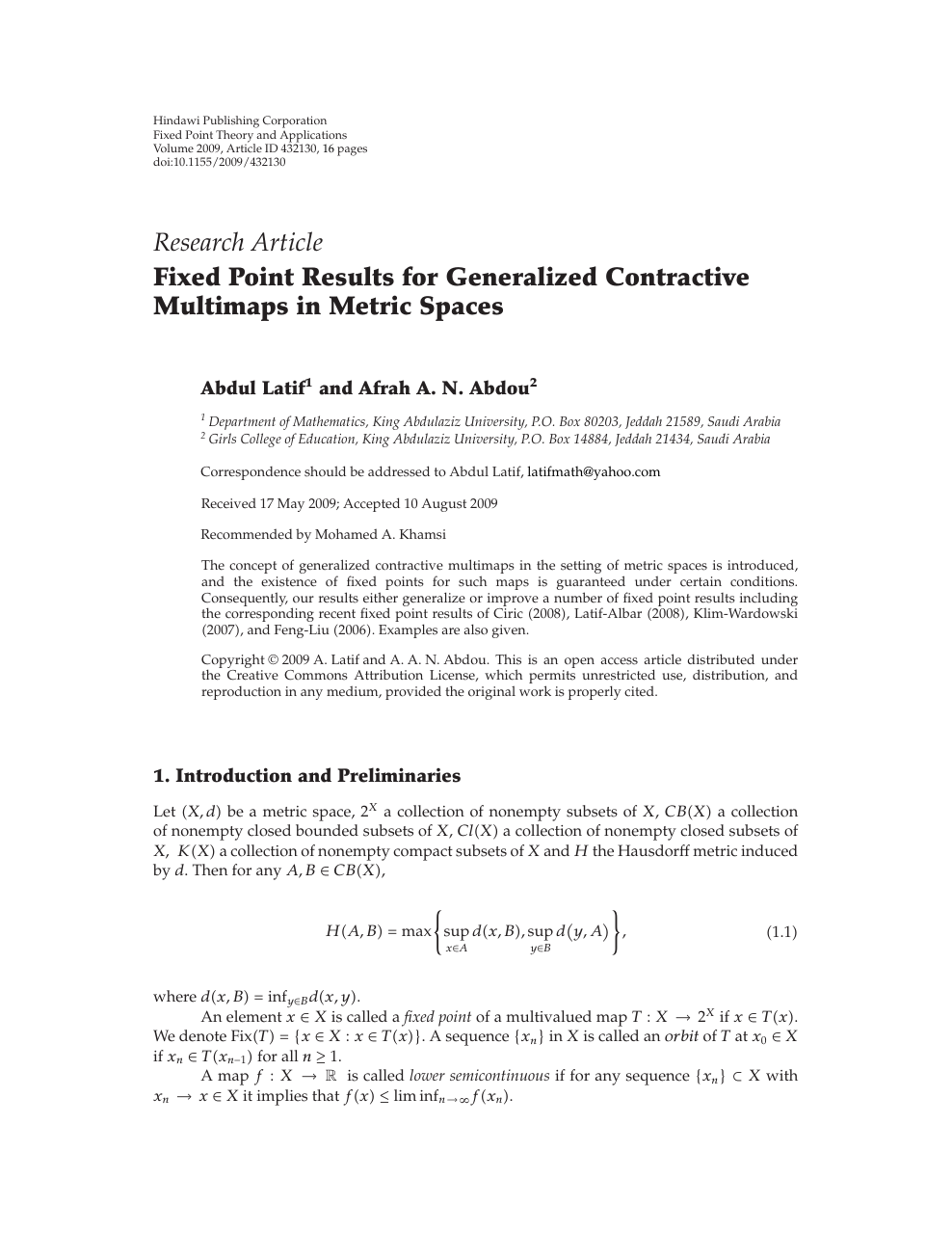 Fixed Point Results For Generalized Contractive Multimaps In Metric Spaces Topic Of Research Paper In Mathematics Download Scholarly Article Pdf And Read For Free On Cyberleninka Open Science Hub