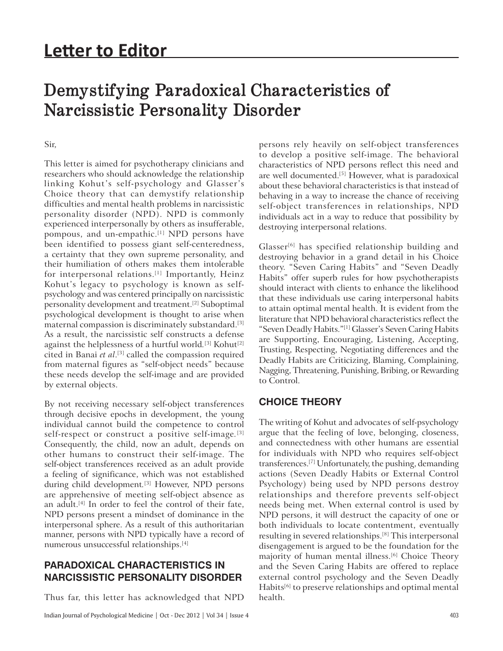 narcissistic personality disorder research paper