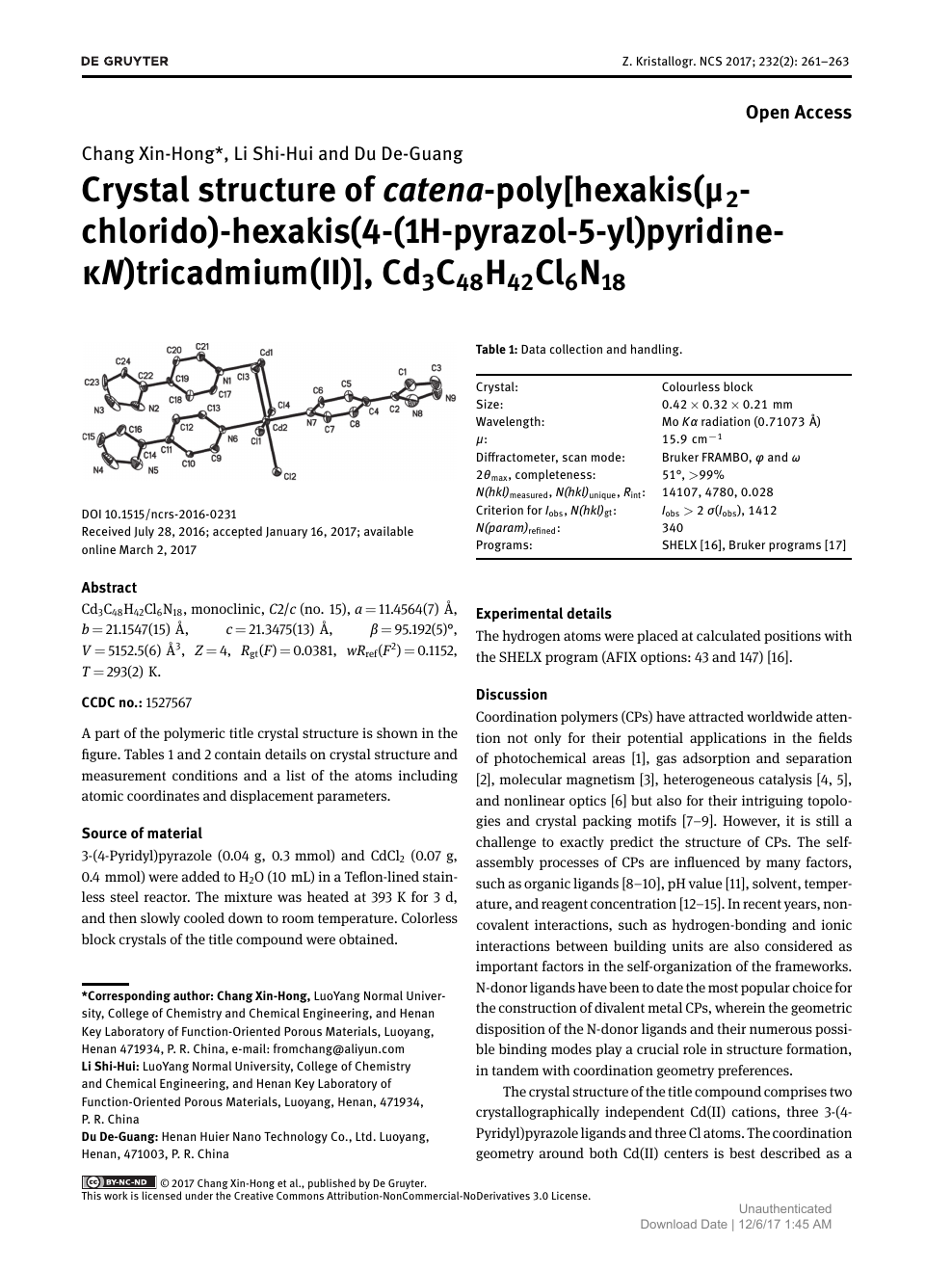 Crystal Structure Of Catena Poly Hexakis M2 Chlorido Hexakis 4 1h Pyrazol 5 Yl Pyridine Kn Tricadmium Ii Cd3c48h42cl6n18 Topic Of Research Paper In Chemical Sciences Download Scholarly Article Pdf And Read For Free On Cyberleninka Open Science Hub