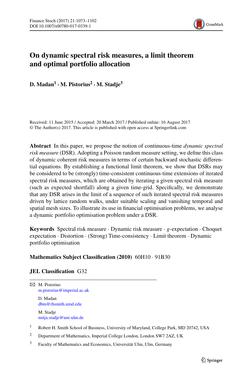 On Dynamic Spectral Risk Measures A Limit Theorem And Optimal Portfolio Allocation Topic Of Research Paper In Mathematics Download Scholarly Article Pdf And Read For Free On Cyberleninka Open Science Hub