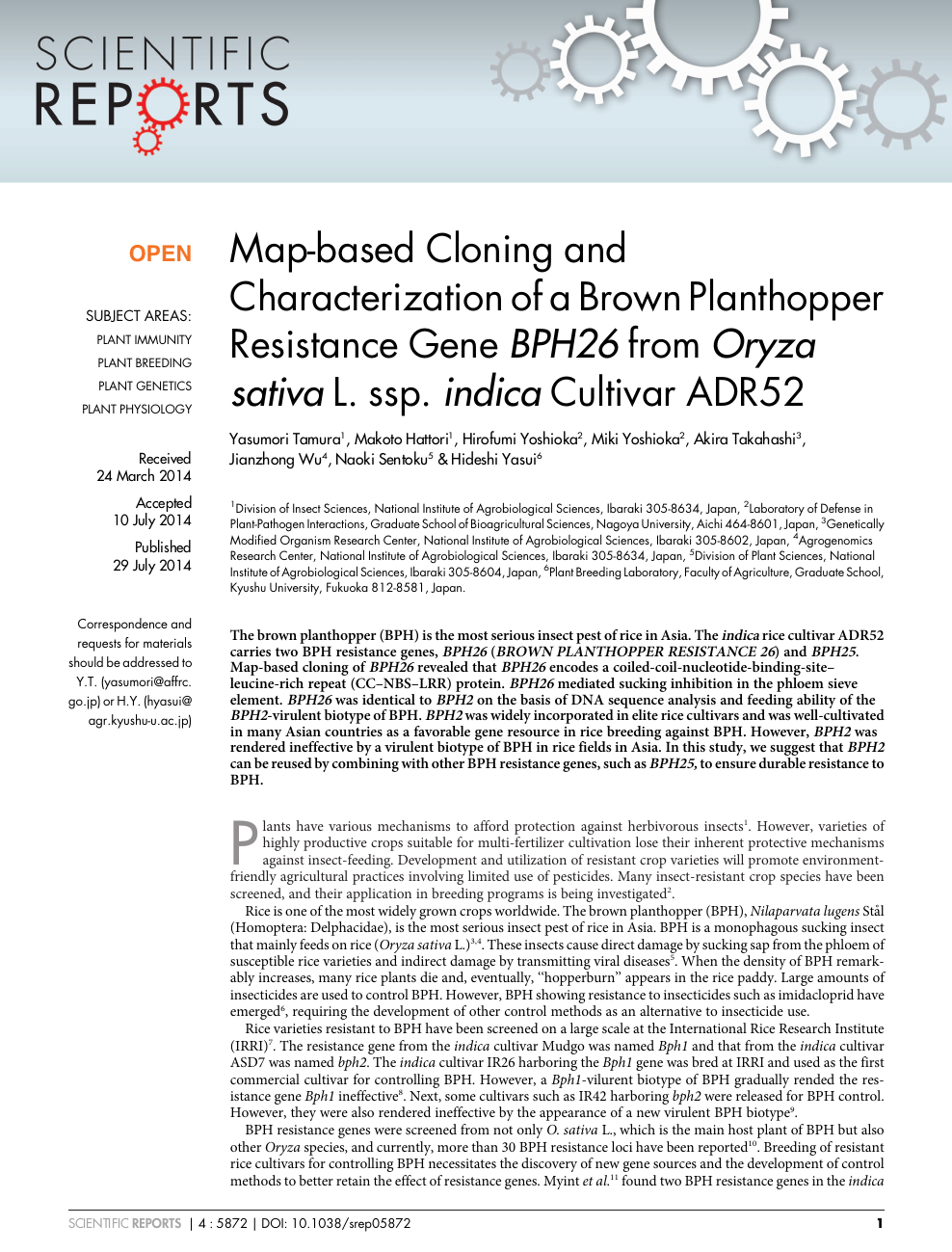 Map Based Cloning And Characterization Of A Brown Planthopper Resistance Gene Bph26 From Oryza Sativa L Ssp Indica Cultivar Adr52 Topic Of Research Paper In Biological Sciences Download Scholarly Article Pdf And