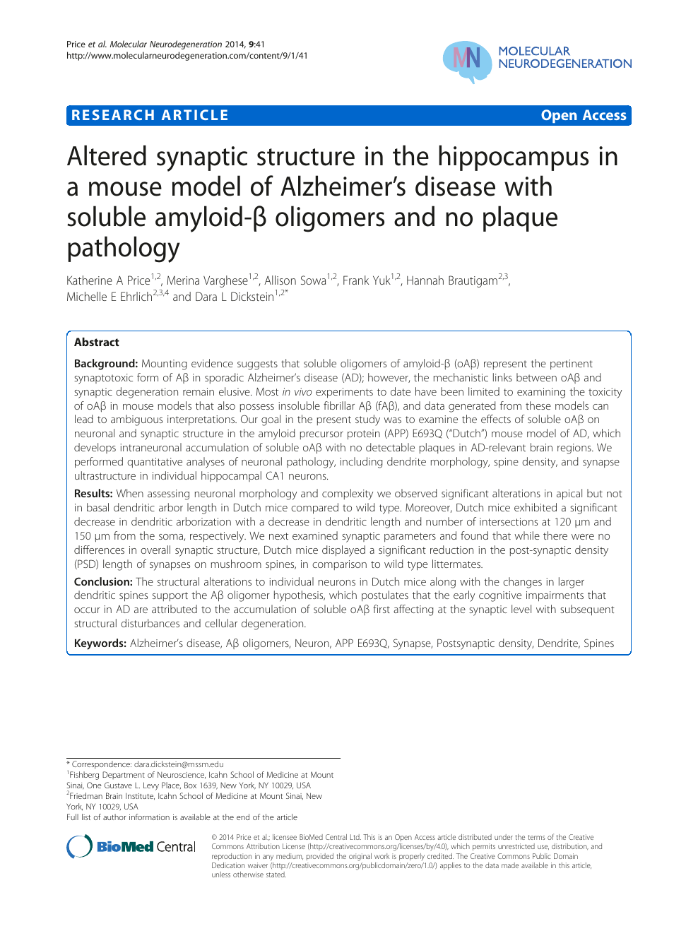 Altered Synaptic Structure In The Hippocampus In A Mouse Model Of Alzheimer S Disease With Soluble Amyloid B Oligomers And No Plaque Pathology Topic Of Research Paper In Biological Sciences Download Scholarly Article