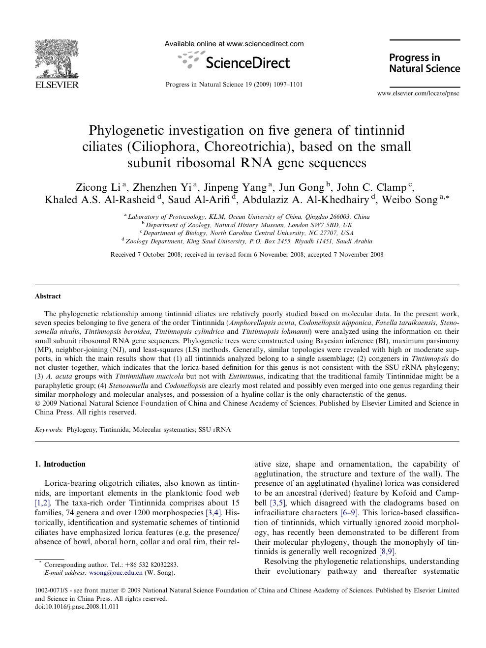 Phylogenetic Investigation On Five Genera Of Tintinnid Ciliates Ciliophora Choreotrichia Based On The Small Subunit Ribosomal Rna Gene Sequences Topic Of Research Paper In Materials Engineering Download Scholarly Article Pdf And