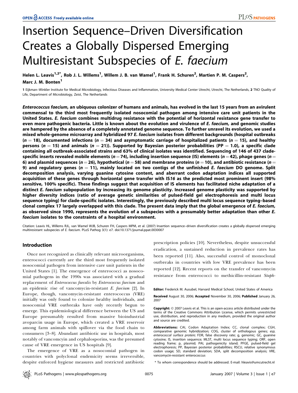 Insertion Sequence Driven Diversification Creates A Globally Dispersed Emerging Multiresistant Subspecies Of E Faecium Topic Of Research Paper In Biological Sciences Download Scholarly Article Pdf And Read For Free On Cyberleninka Open