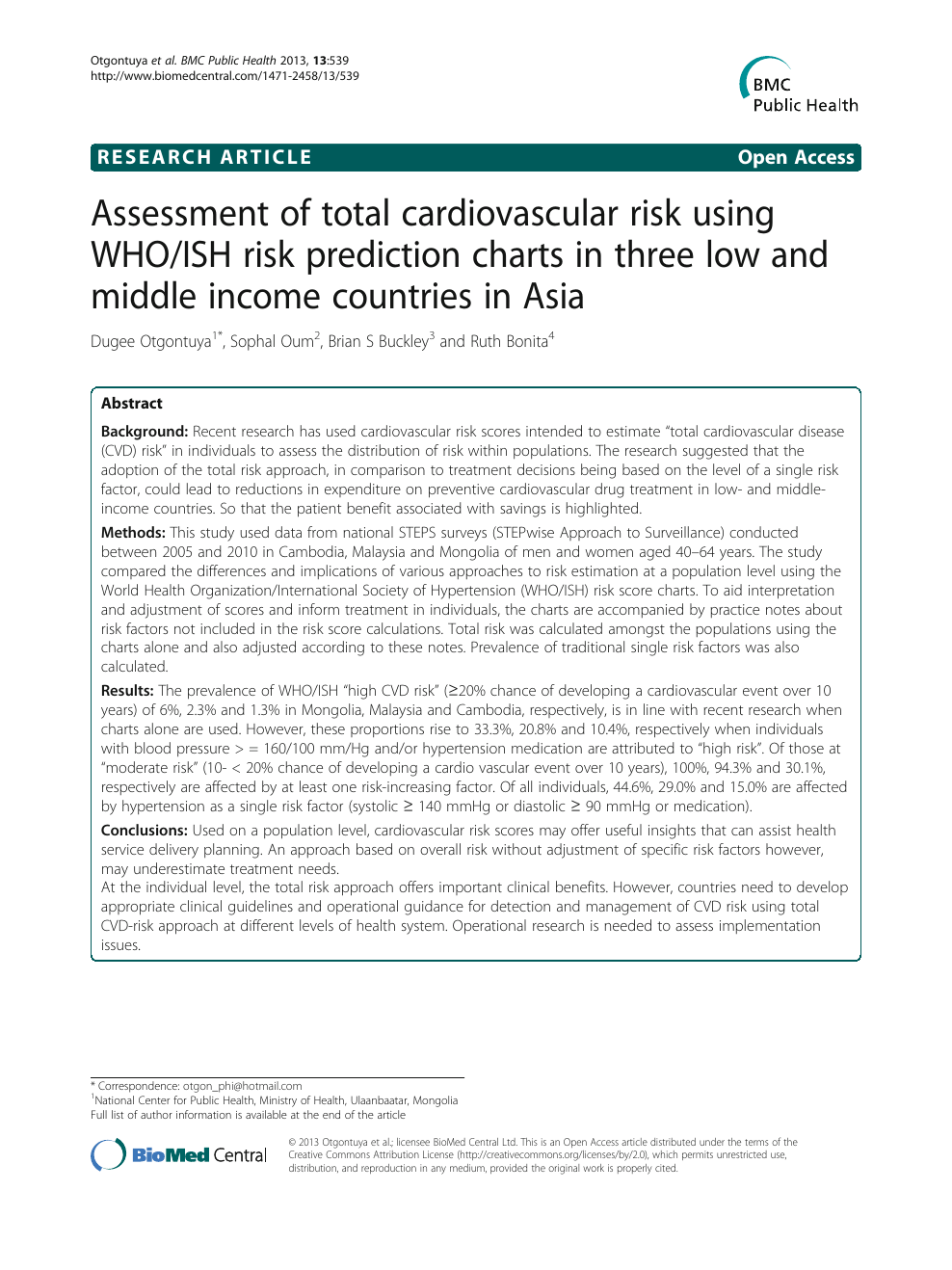 Assessment Of Total Cardiovascular Risk Using Who Ish Risk Prediction Charts In Three Low And Middle Income Countries In Asia Topic Of Research Paper In Health Sciences Download Scholarly Article Pdf And
