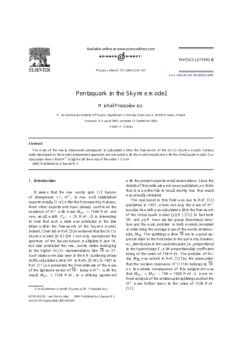 Pentaquark In The Skyrme Model Topic Of Research Paper In Physical Sciences Download Scholarly Article Pdf And Read For Free On Cyberleninka Open Science Hub