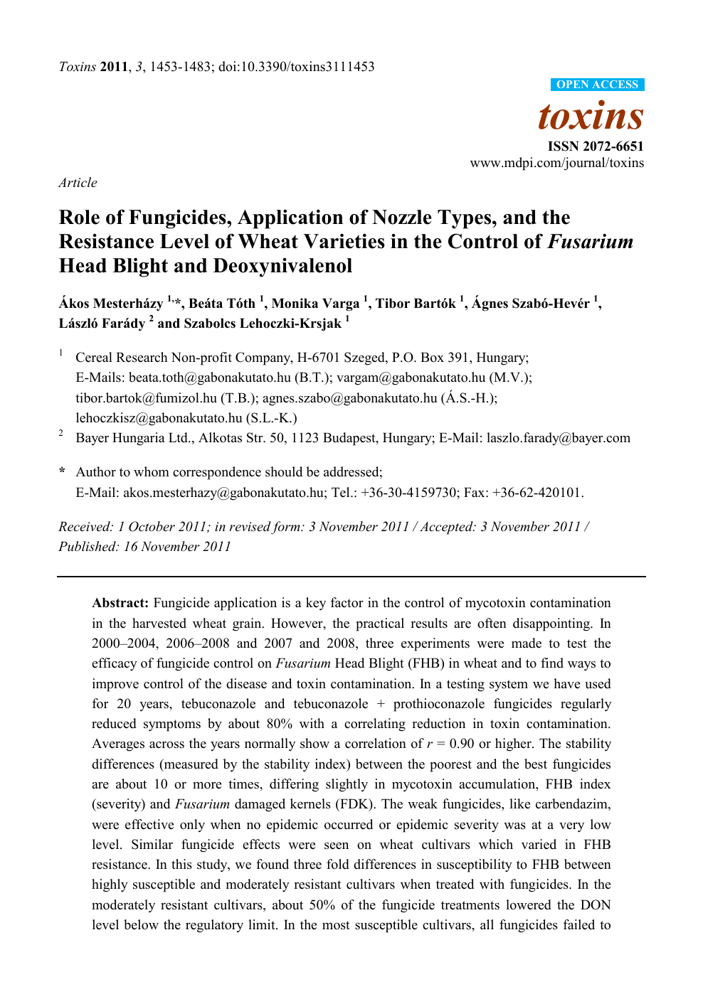 Role Of Fungicides Application Of Nozzle Types And The Resistance Level Of Wheat Varieties In The Control Of Fusarium Head Blight And Deoxynivalenol Topic Of Research Paper In Biological Sciences Download