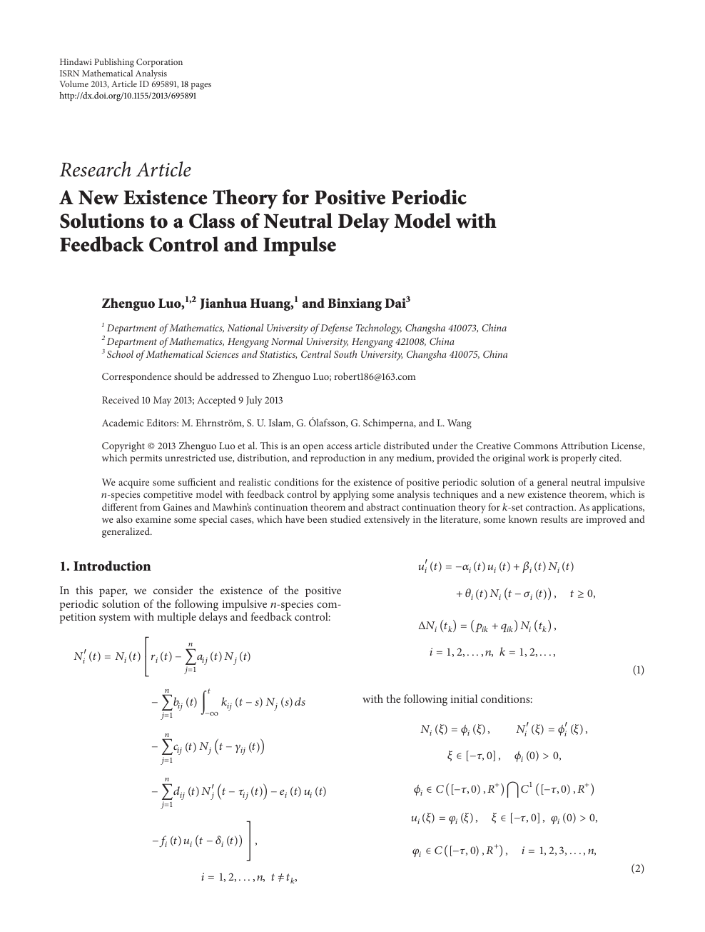 A New Existence Theory For Positive Periodic Solutions To A Class Of Neutral Delay Model With Feedback Control And Impulse Topic Of Research Paper In Mathematics Download Scholarly Article Pdf And