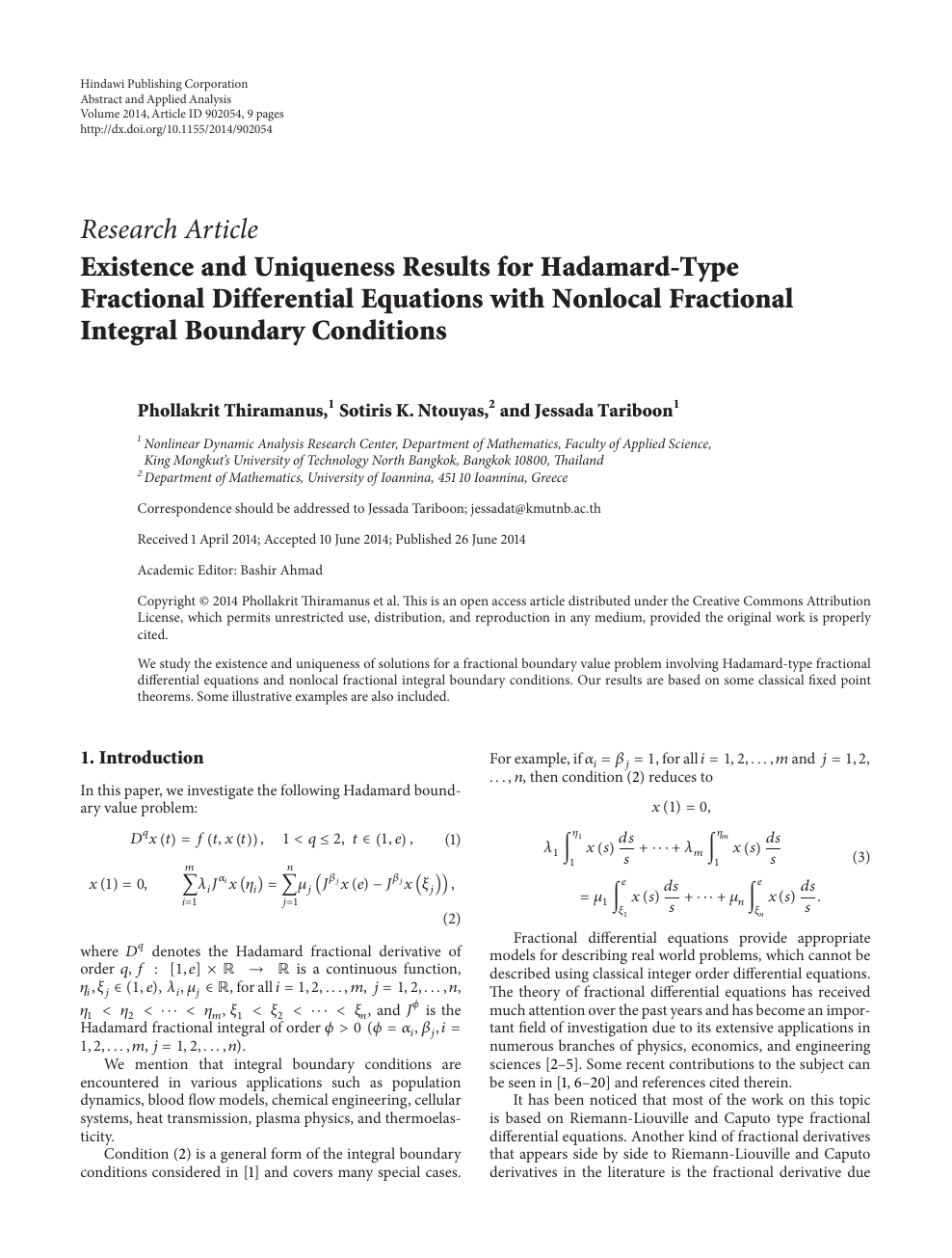 Existence And Uniqueness Results For Hadamard Type Fractional Differential Equations With Nonlocal Fractional Integral Boundary Conditions Topic Of Research Paper In Mathematics Download Scholarly Article Pdf And Read For Free On Cyberleninka