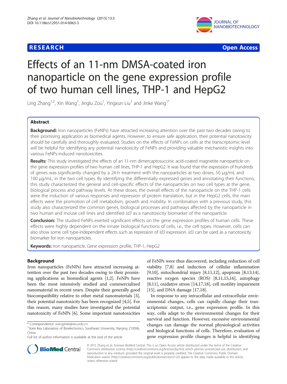 Effects Of An 11 Nm Dmsa Coated Iron Nanoparticle On The Gene Expression Profile Of Two Human Cell Lines Thp 1 And Hepg2 Topic Of Research Paper In Biological Sciences Download Scholarly Article Pdf