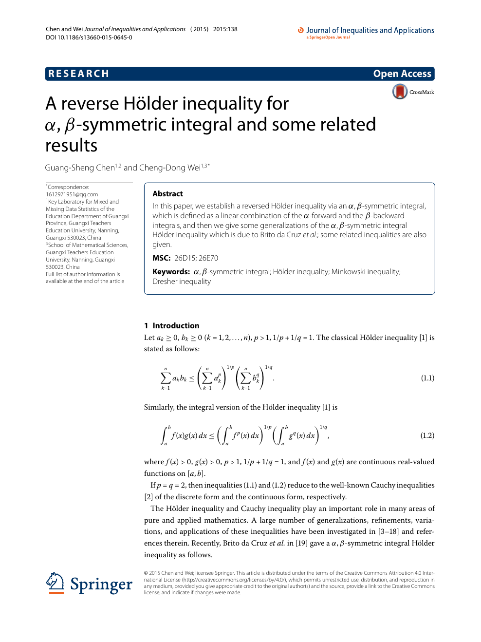 A Reverse Holder Inequality For A B Alpha Beta Symmetric Integral And Some Related Results Topic Of Research Paper In Mathematics Download Scholarly Article Pdf And Read For Free On Cyberleninka