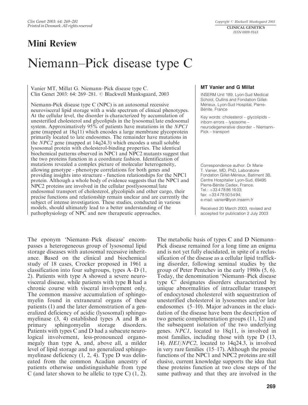 Diagnostic and predictive methods for a Niemann-Pick disease type