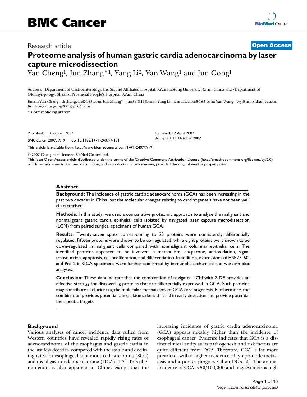 Proteome Analysis Of Human Gastric Cardia Adenocarcinoma By Laser