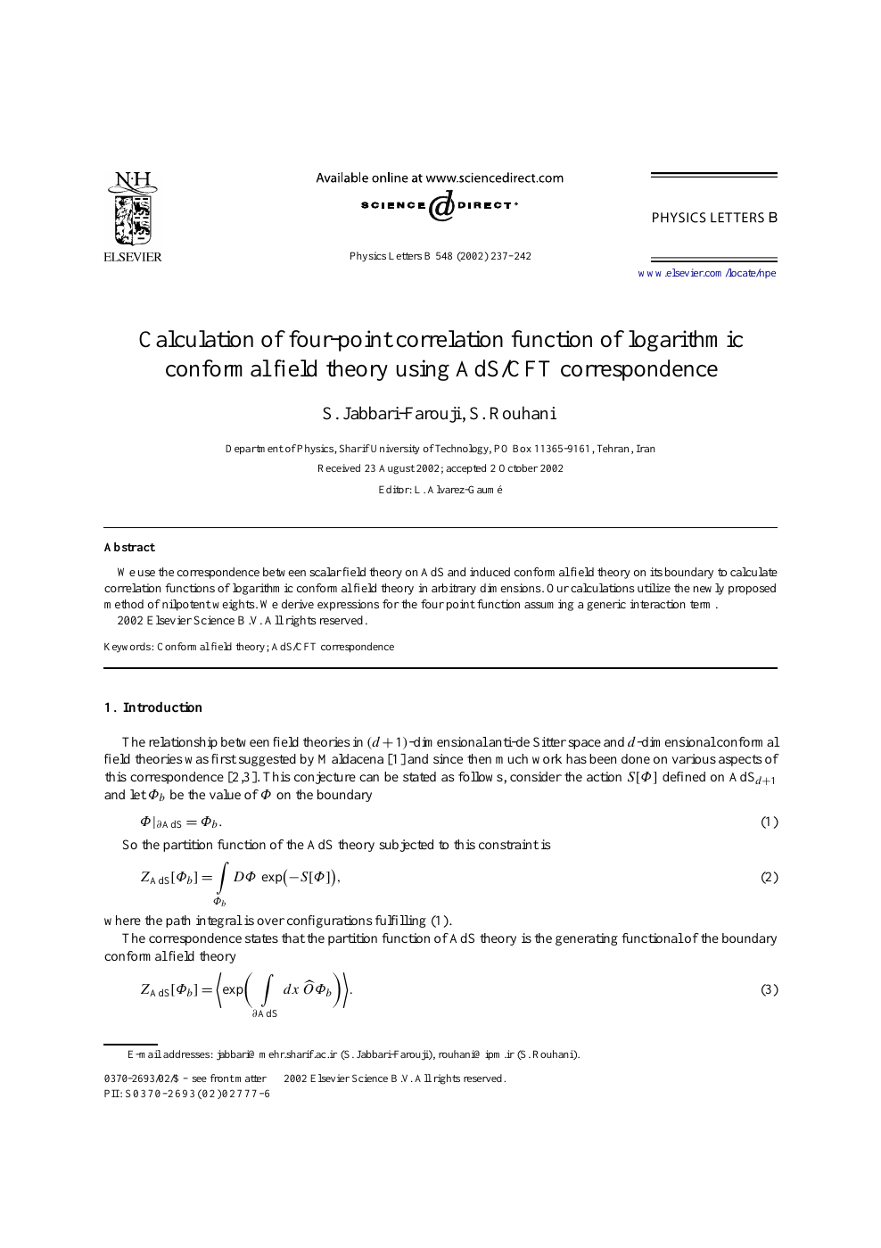 Calculation Of Four Point Correlation Function Of Logarithmic Conformal Field Theory Using Ads Cft Correspondence Topic Of Research Paper In Physical Sciences Download Scholarly Article Pdf And Read For Free On Cyberleninka Open