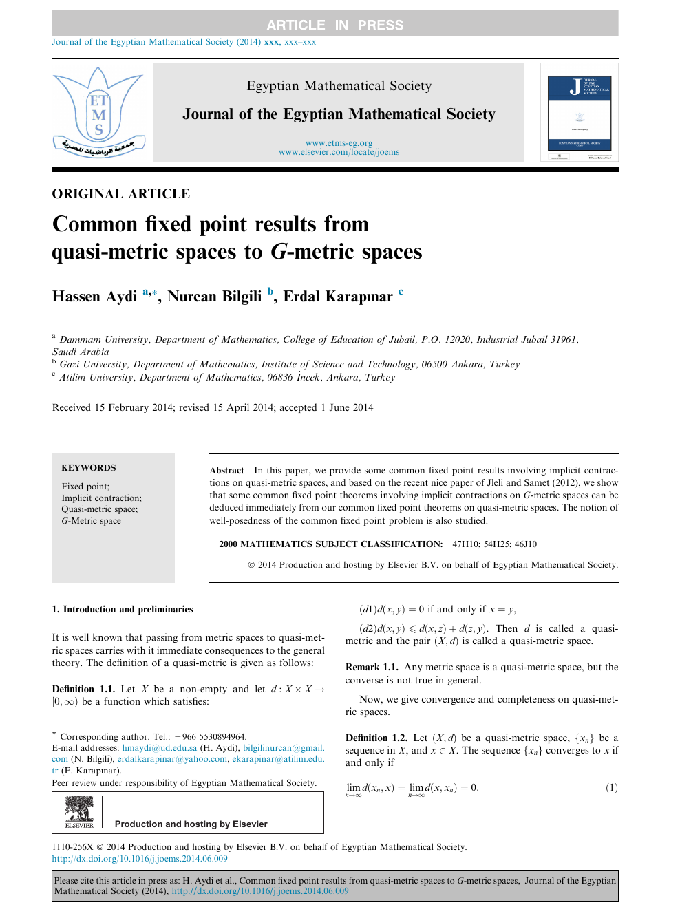 Common Fixed Point Results From Quasi Metric Spaces To G Metric Spaces Topic Of Research Paper In Mathematics Download Scholarly Article Pdf And Read For Free On Cyberleninka Open Science Hub