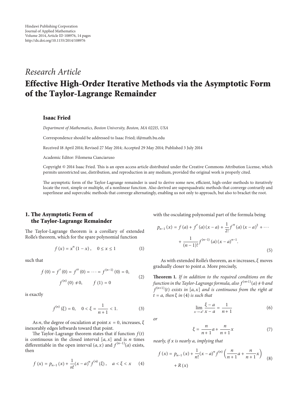 Effective High Order Iterative Methods Via The Asymptotic Form Of The Taylor Lagrange Remainder Topic Of Research Paper In Mathematics Download Scholarly Article Pdf And Read For Free On Cyberleninka Open Science Hub