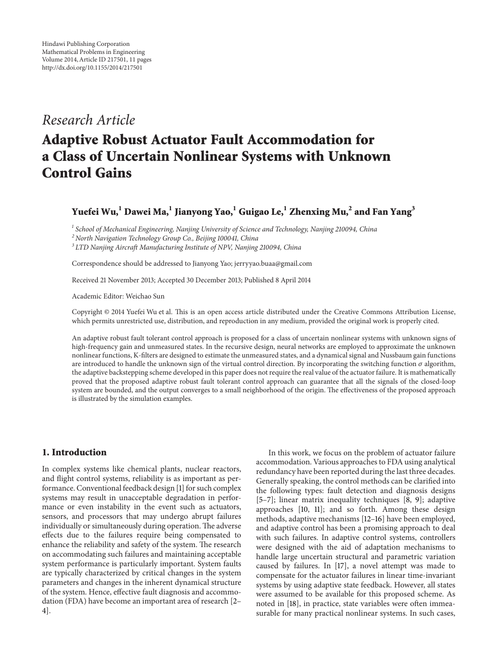 Adaptive Robust Actuator Fault Accommodation For A Class Of Uncertain Nonlinear Systems With Unknown Control Gains Topic Of Research Paper In Mathematics Download Scholarly Article Pdf And Read For Free On