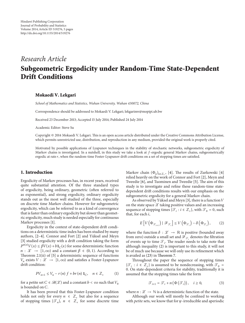 Subgeometric Ergodicity Under Random Time State Dependent Drift Conditions Topic Of Research Paper In Mathematics Download Scholarly Article Pdf And Read For Free On Cyberleninka Open Science Hub