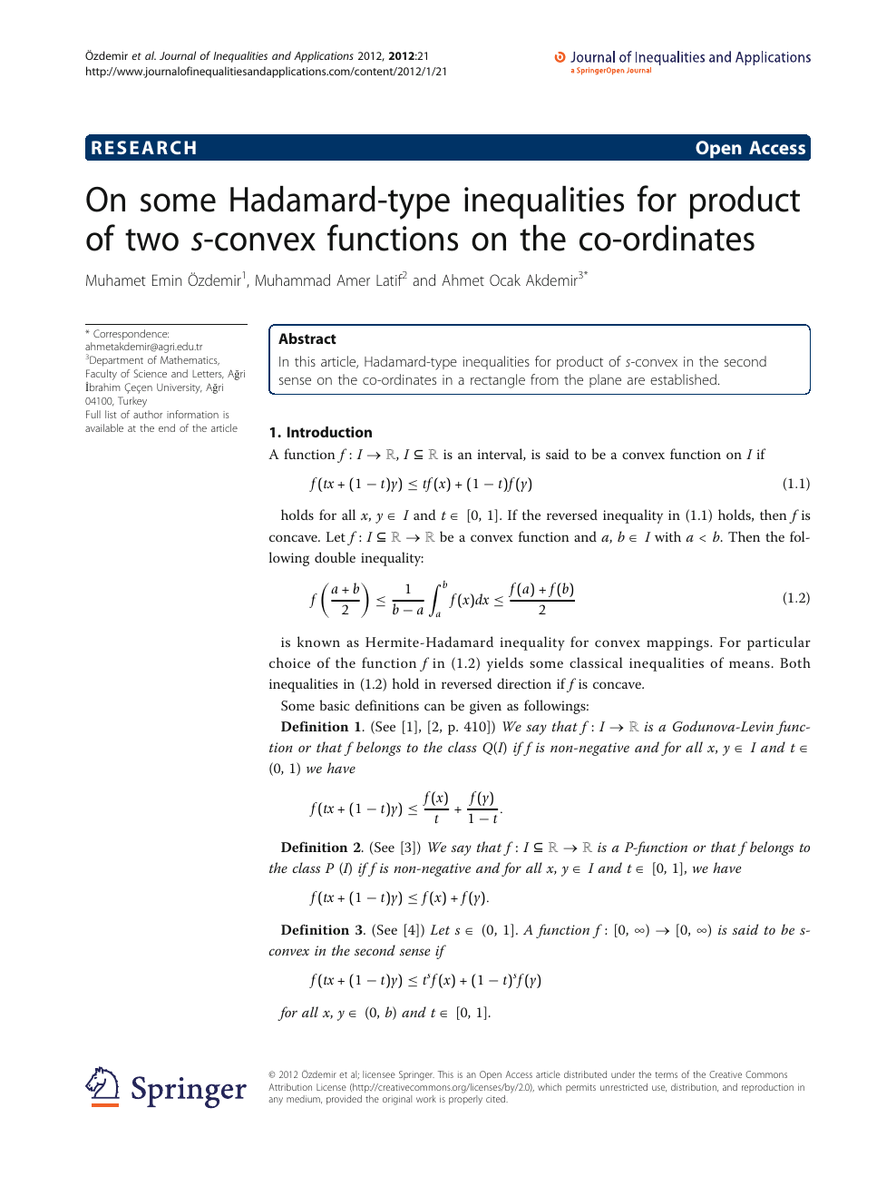On Some Hadamard Type Inequalities For Product Of Two S Convex Functions On The Co Ordinates Topic Of Research Paper In Mathematics Download Scholarly Article Pdf And Read For Free On Cyberleninka Open Science