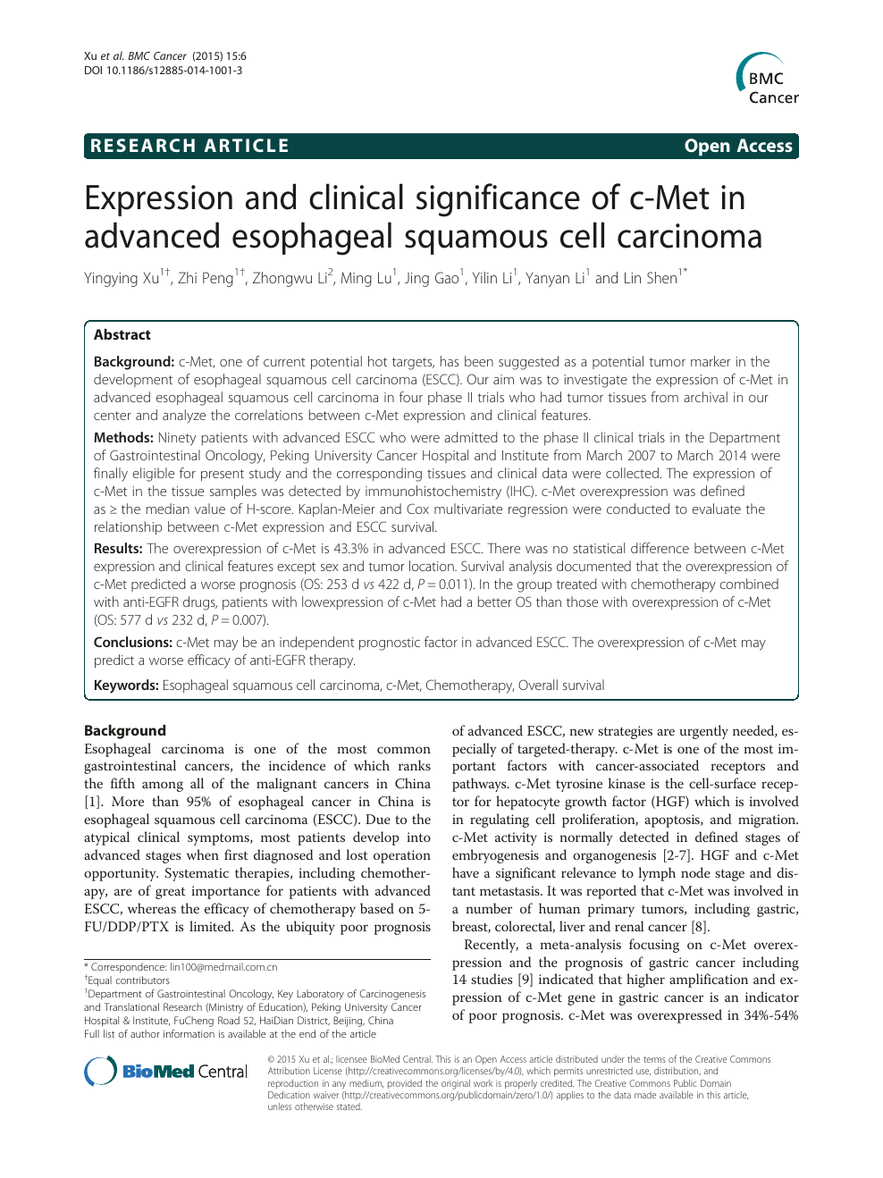 germ Suburb Lao Expression and clinical significance of c-Met in advanced esophageal squamous  cell carcinoma – topic of research paper in Clinical medicine. Download  scholarly article PDF and read for free on CyberLeninka open science