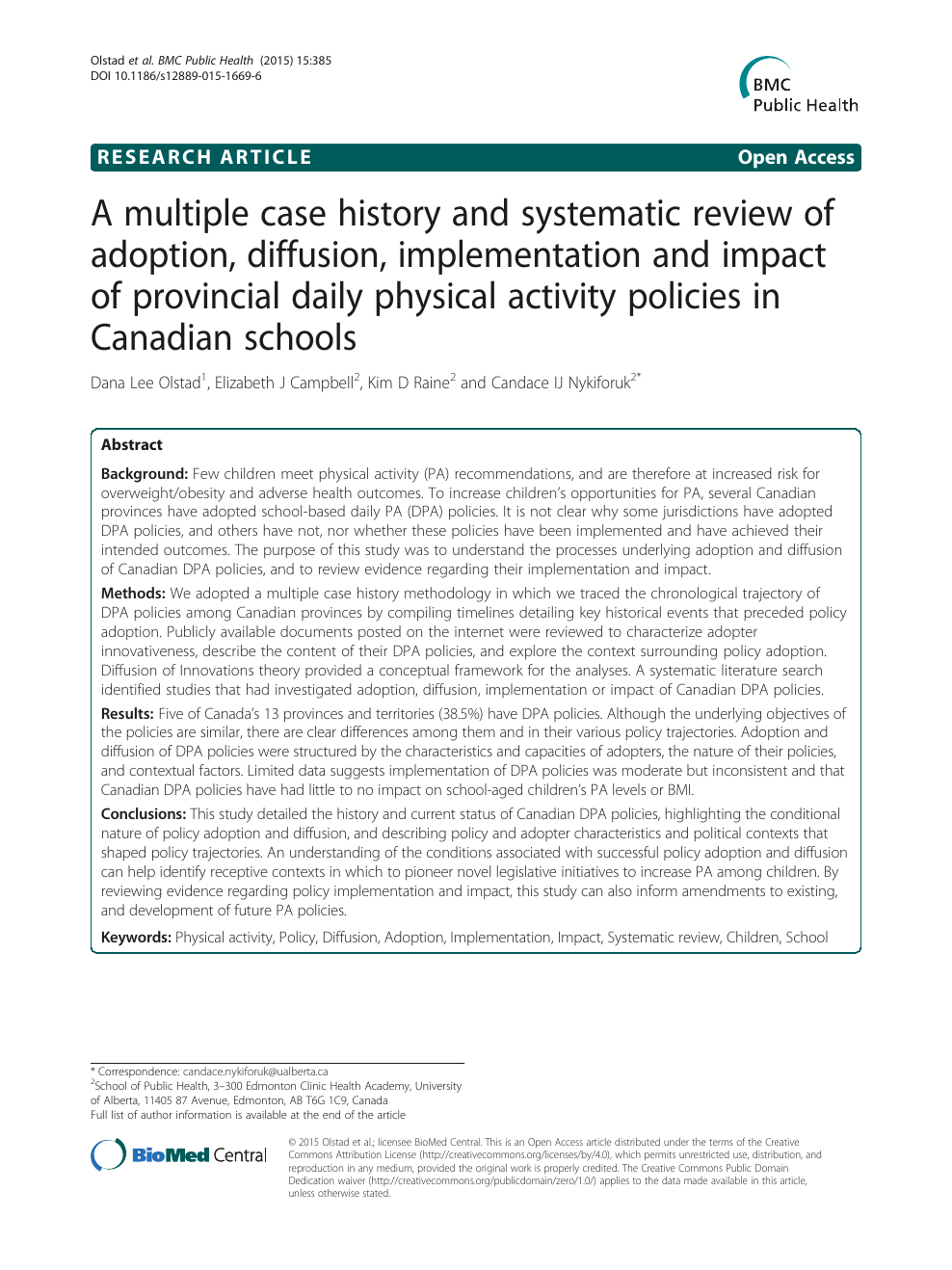 A multiple case history and systematic review of adoption, diffusion, implementation and impact of provincial daily physical activity policies in Canadian schools