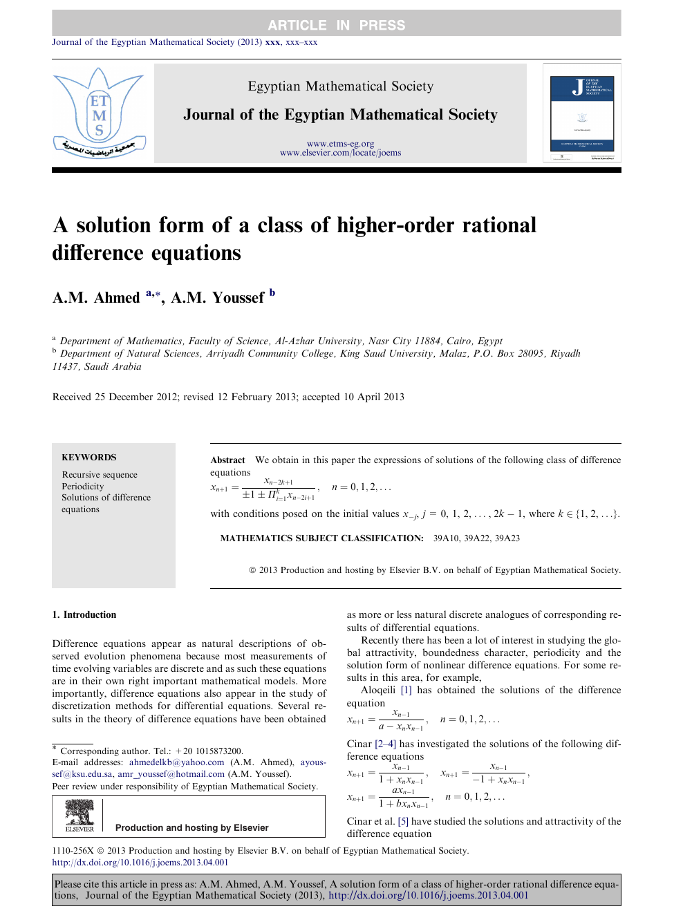 A Solution Form Of A Class Of Higher Order Rational Difference Equations Topic Of Research Paper In Mathematics Download Scholarly Article Pdf And Read For Free On Cyberleninka Open Science Hub