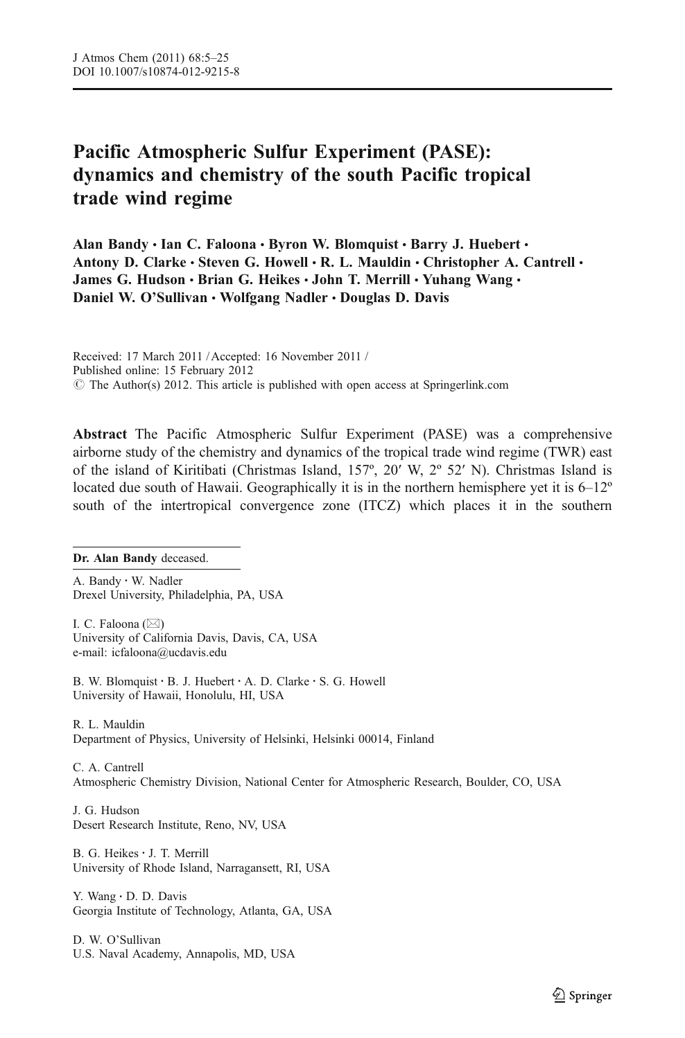 Pacific Atmospheric Sulfur Experiment Pase Dynamics And Chemistry Of The South Pacific Tropical Trade Wind Regime Topic Of Research Paper In Earth And Related Environmental Sciences Download Scholarly Article Pdf And