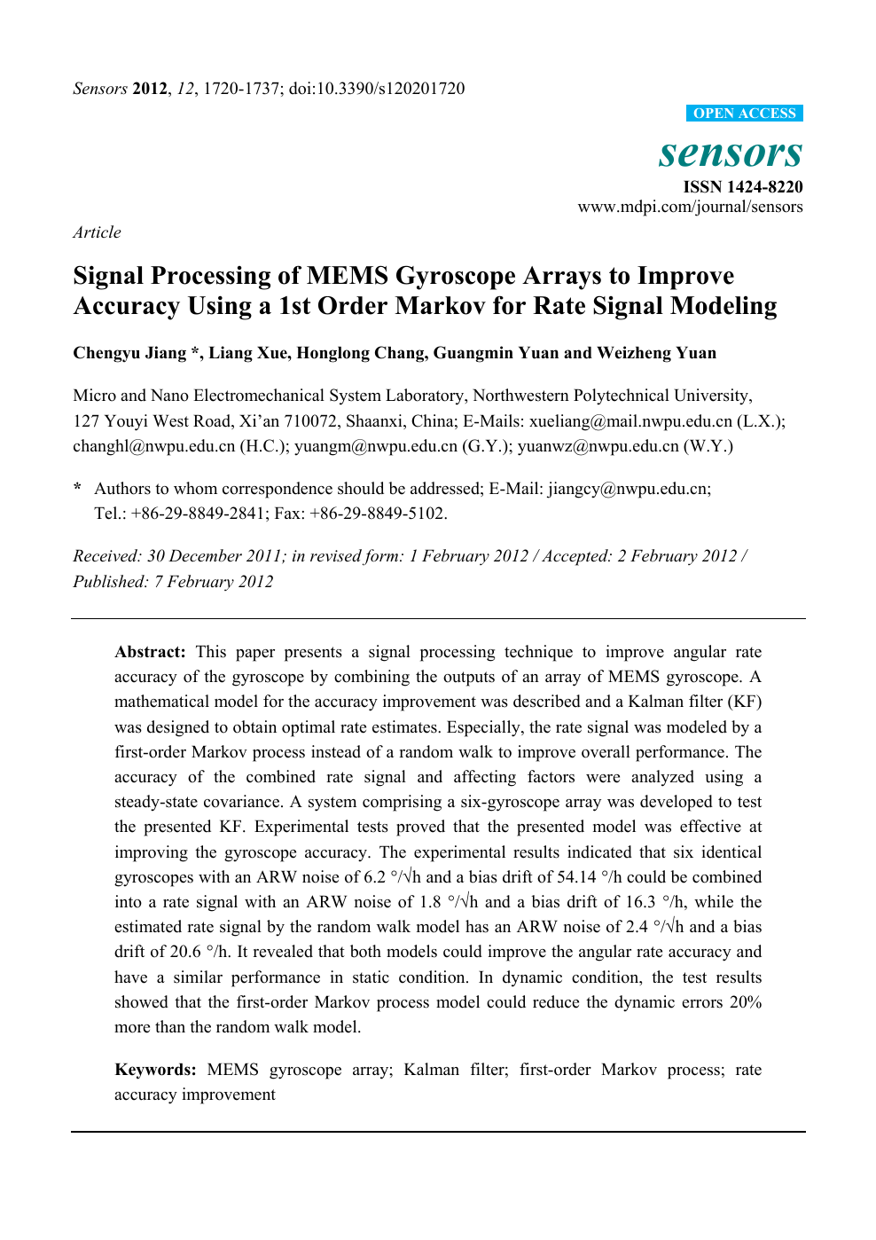 Signal Processing Of Mems Gyroscope Arrays To Improve Accuracy Using A 1st Order Markov For Rate Signal Modeling Topic Of Research Paper In Materials Engineering Download Scholarly Article Pdf And Read