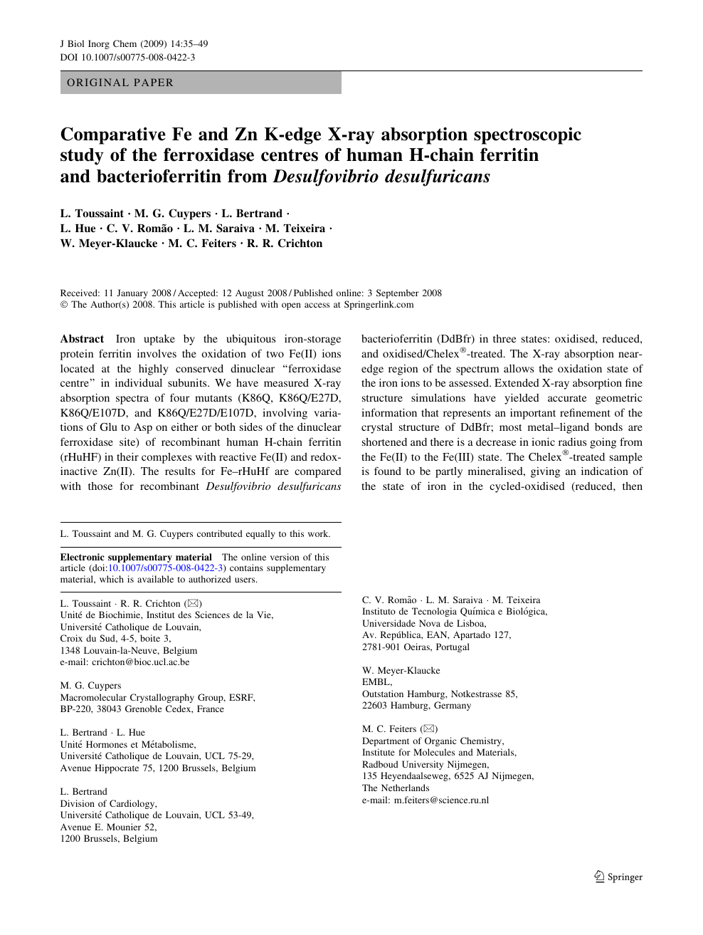 Comparative Fe And Zn K Edge X Ray Absorption Spectroscopic Study Of The Ferroxidase Centres Of Human H Chain Ferritin And Bacterioferritin From Desulfovibrio Desulfuricans Topic Of Research Paper In Chemical Sciences Download Scholarly