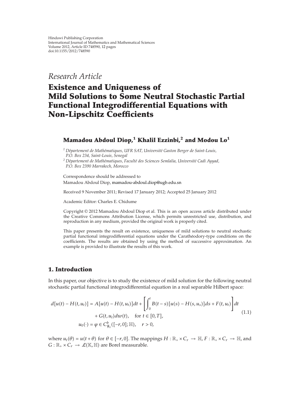 Existence And Uniqueness Of Mild Solutions To Some Neutral Stochastic Partial Functional Integrodifferential Equations With Non Lipschitz Coefficients Topic Of Research Paper In Mathematics Download Scholarly Article Pdf And Read For Free