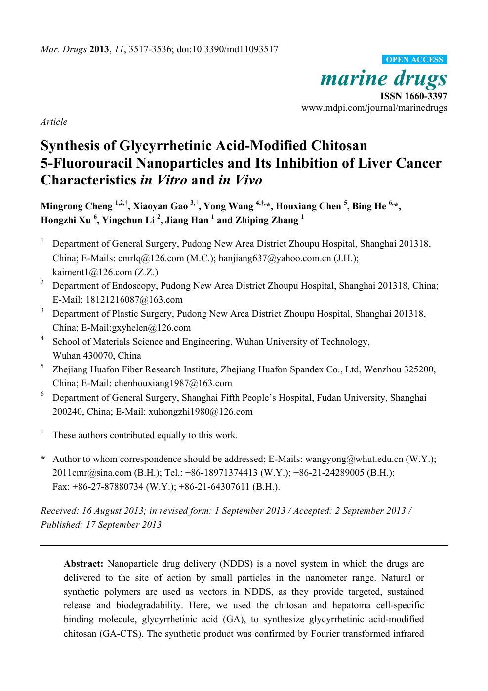 Synthesis Of Glycyrrhetinic Acid Modified Chitosan 5 Fluorouracil Nanoparticles And Its Inhibition Of Liver Cancer Characteristics In Vitro And In Vivo Topic Of Research Paper In Nano Technology Download Scholarly Article Pdf And Read