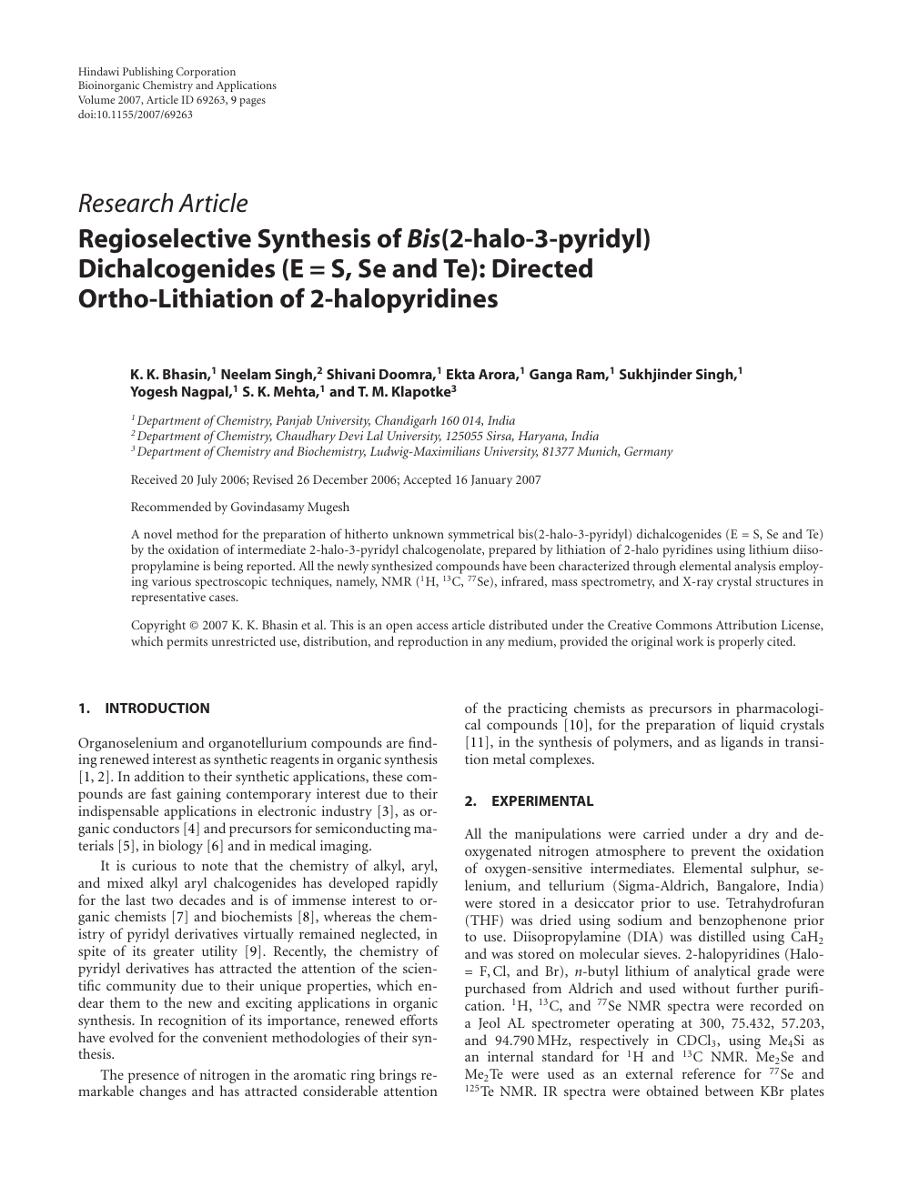 Regioselective Synthesis Of Bis 2 Halo 3 Pyridyl Dichalcogenides E S Se And Te Directed Ortho Lithiation Of 2 Halopyridines Topic Of Research Paper In Chemical Sciences Download Scholarly Article Pdf And Read For Free On
