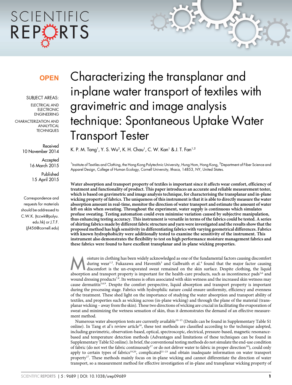 Characterizing The Transplanar And In Plane Water Transport Of Textiles With Gravimetric And Image Analysis Technique Spontaneous Uptake Water Transport Tester Topic Of Research Paper In Biological Sciences Download Scholarly Article Pdf