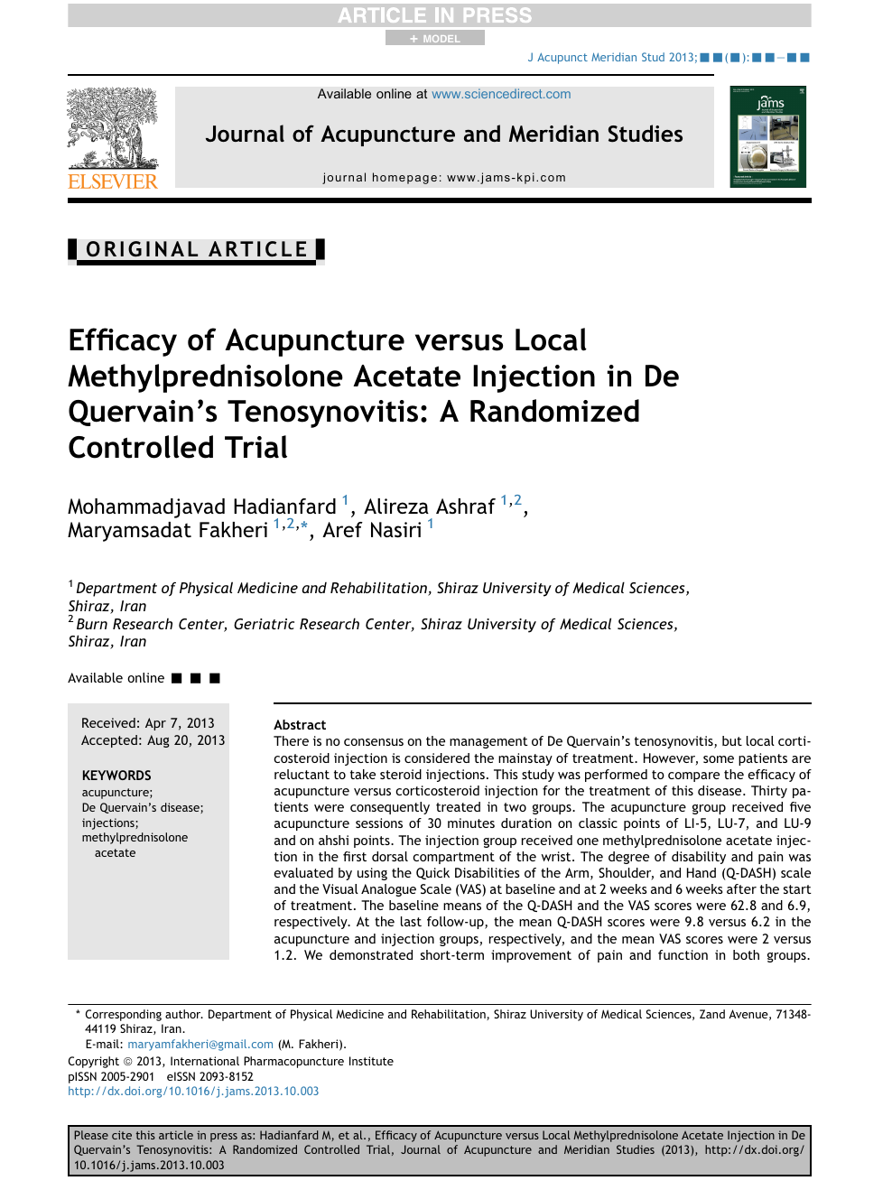 PDF) Effectiveness of Acupuncture for Lateral Epicondylitis: A Systematic  Review and Meta-Analysis of Randomized Controlled Trials