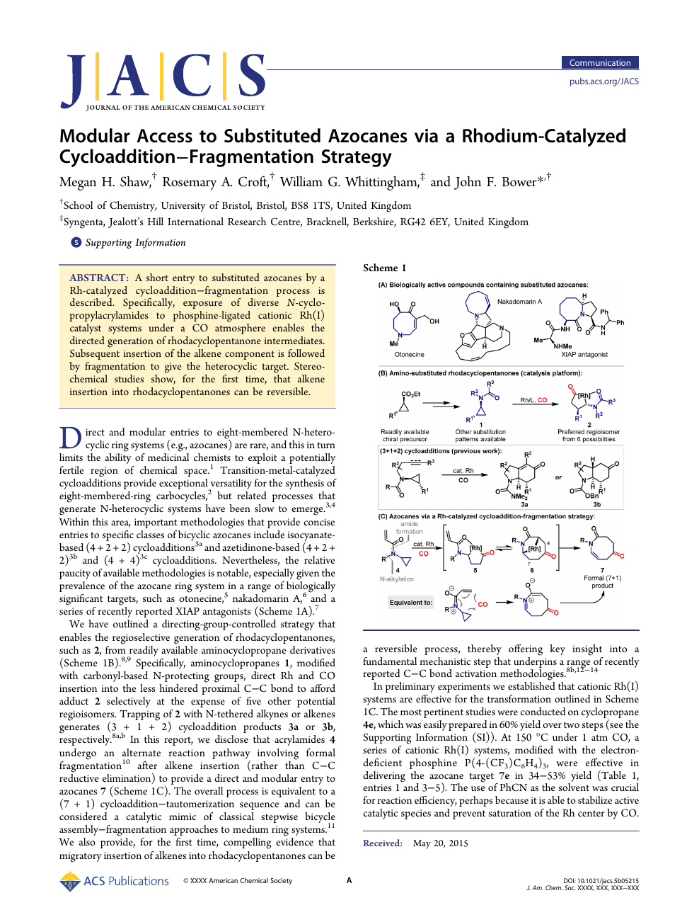 Modular Access To Substituted Azocanes Via A Rhodium Catalyzed Cycloaddition Fragmentation Strategy Topic Of Research Paper In Chemical Sciences Download Scholarly Article Pdf And Read For Free On Cyberleninka Open Science Hub