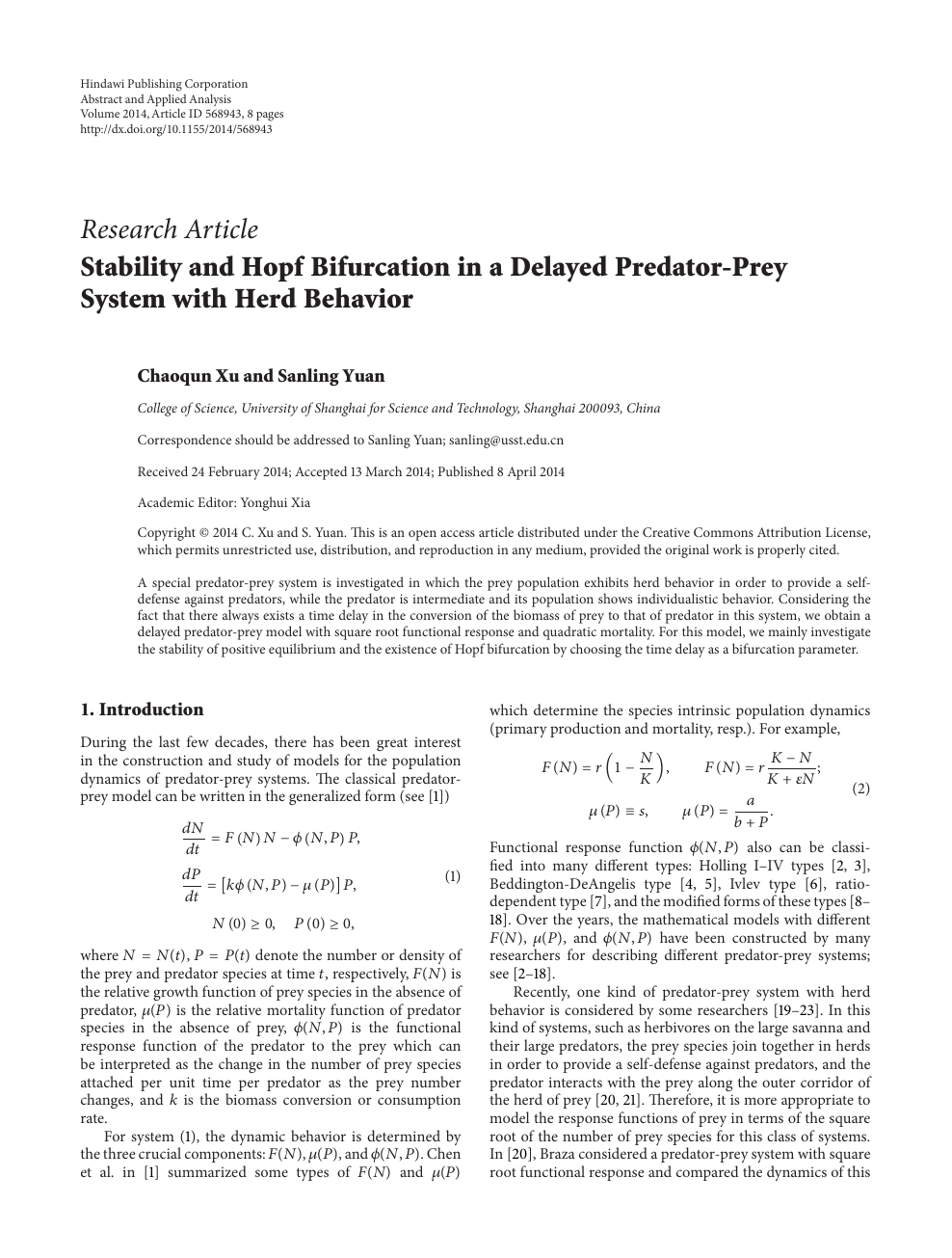 Stability And Hopf Bifurcation In A Delayed Predator Prey System With Herd Behavior Topic Of Research Paper In Mathematics Download Scholarly Article Pdf And Read For Free On Cyberleninka Open Science Hub