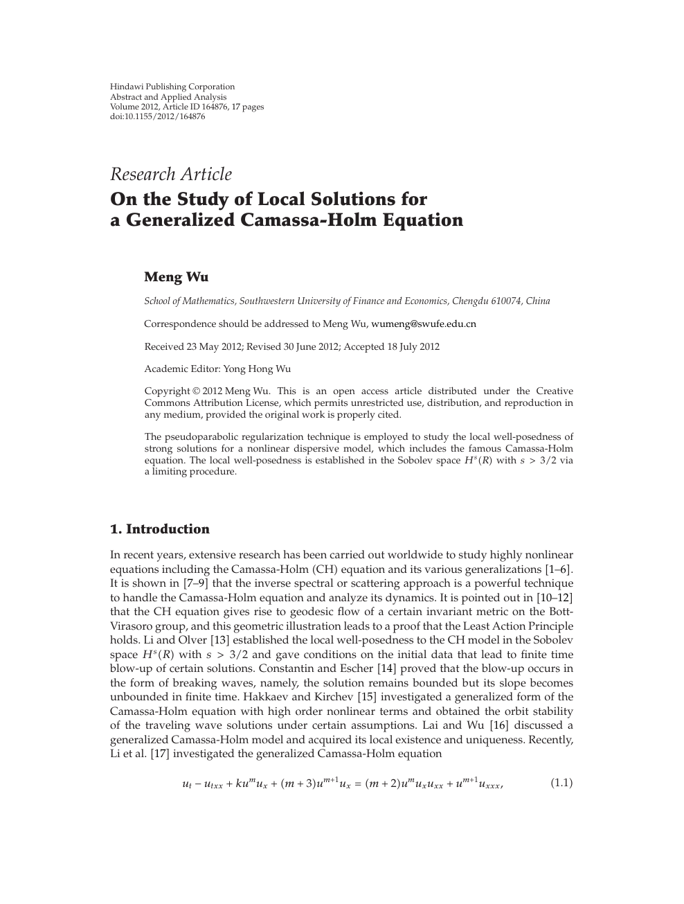 On The Study Of Local Solutions For A Generalized Camassa Holm Equation Topic Of Research Paper In Mathematics Download Scholarly Article Pdf And Read For Free On Cyberleninka Open Science Hub