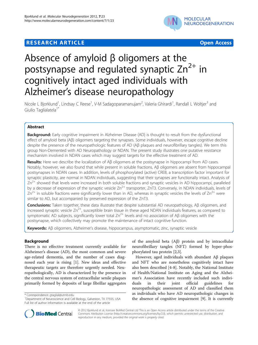 Absence Of Amyloid B Oligomers At The Postsynapse And Regulated Synaptic Zn2 In Cognitively Intact Aged Individuals With Alzheimer S Disease Neuropathology Topic Of Research Paper In Biological Sciences Download Scholarly Article