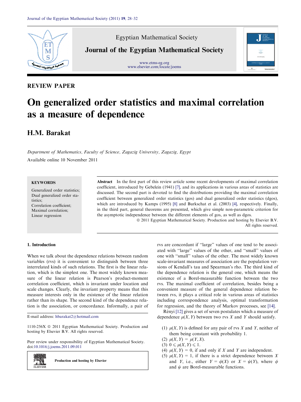 On Generalized Order Statistics And Maximal Correlation As A Measure Of Dependence Topic Of Research Paper In Mathematics Download Scholarly Article Pdf And Read For Free On Cyberleninka Open Science Hub