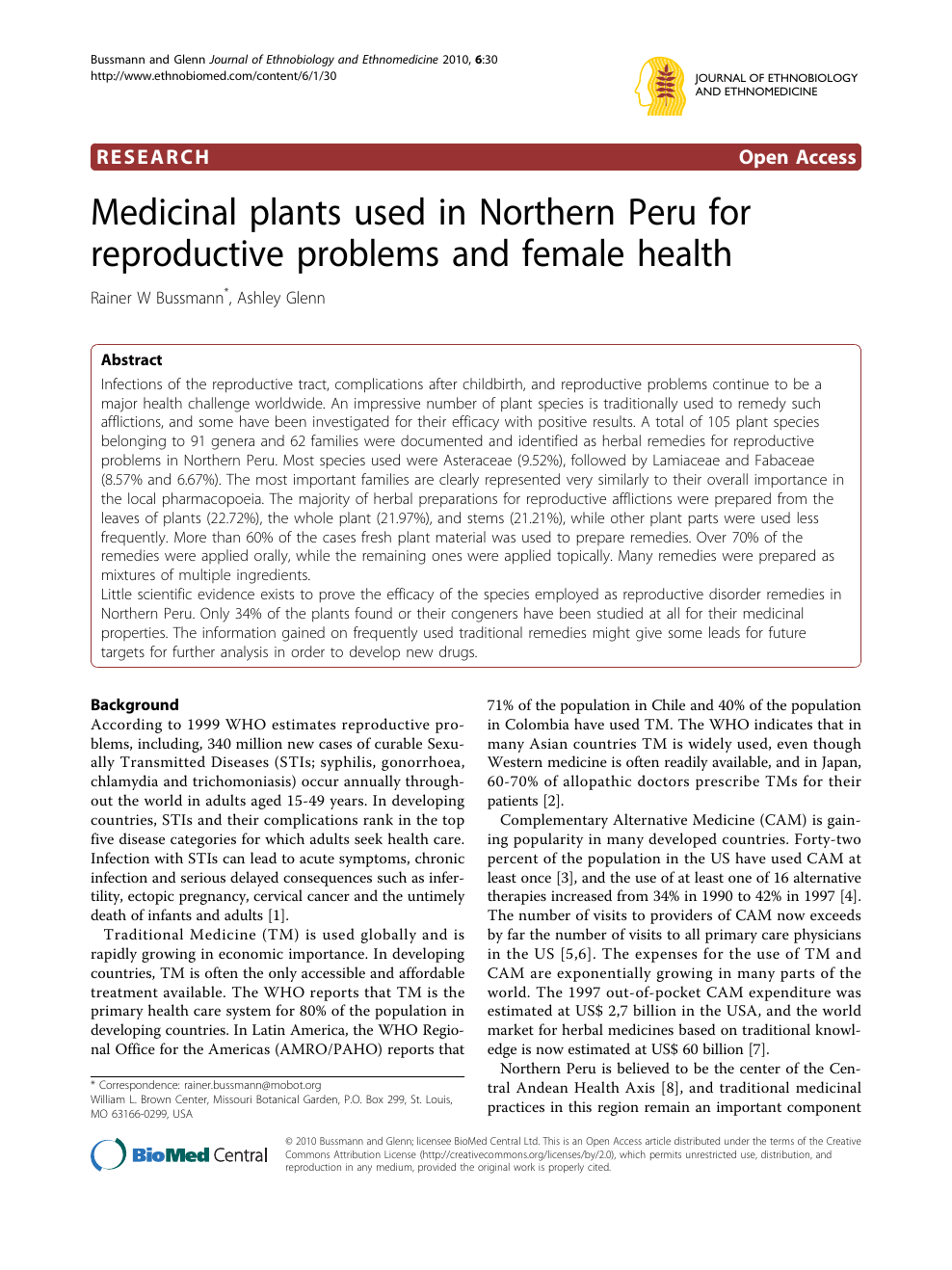 Medicinal Plants Used In Northern Peru For Reproductive Problems