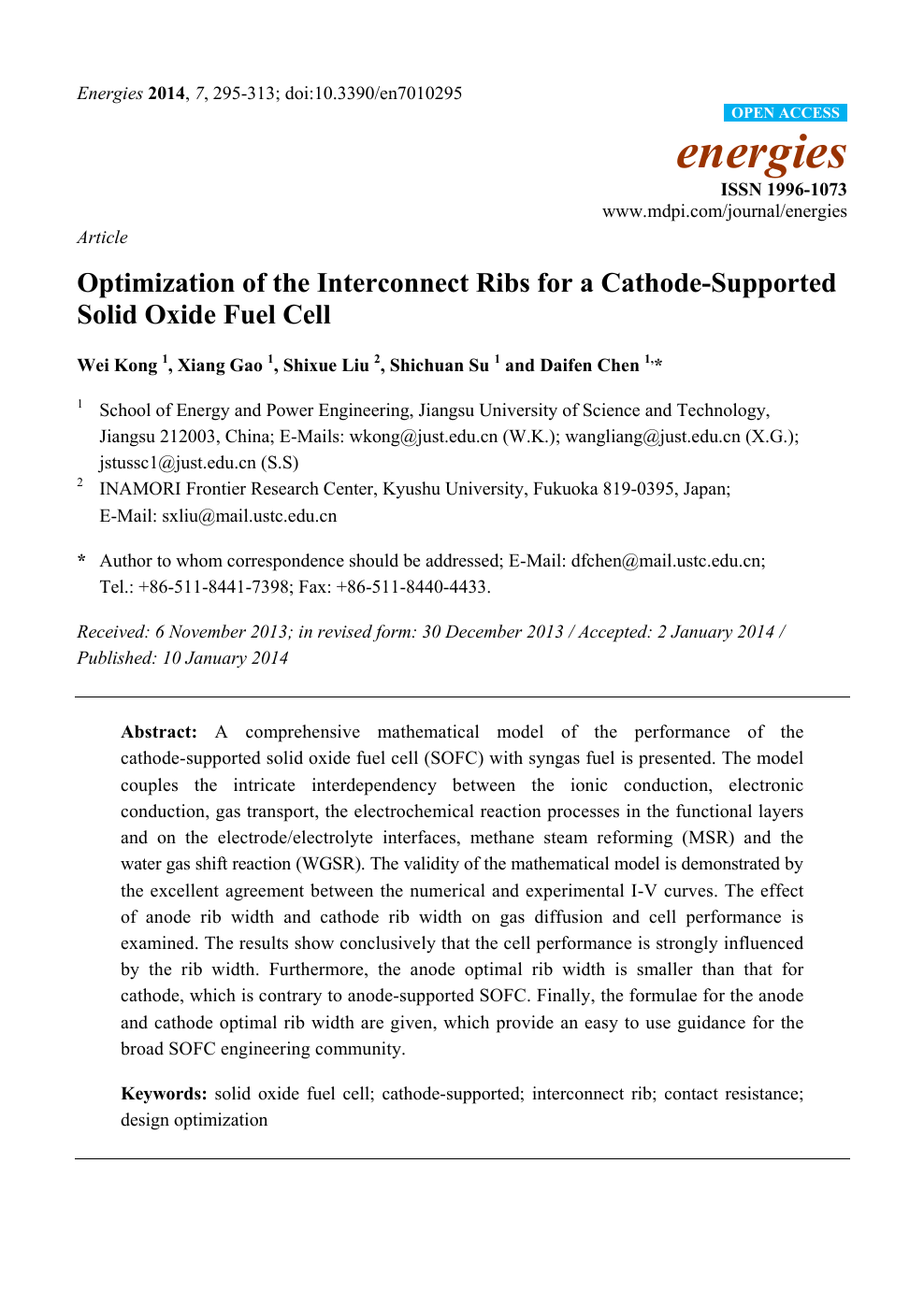Optimization Of The Interconnect Ribs For A Cathode Supported Solid Oxide Fuel Cell Topic Of Research Paper In Chemical Engineering Download Scholarly Article Pdf And Read For Free On Cyberleninka Open Science