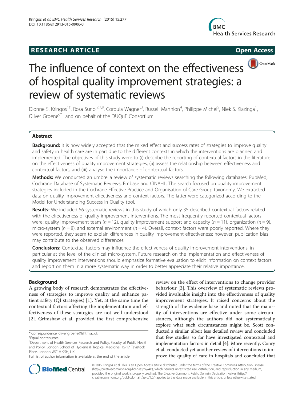 The Influence Of Context On The Effectiveness Of Hospital Quality Improvement Strategies A Review Of Systematic Reviews Topic Of Research Paper In Clinical Medicine Download Scholarly Article Pdf And Read For