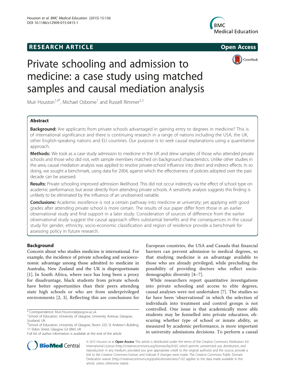 Private schooling and admission to medicine: a case study using