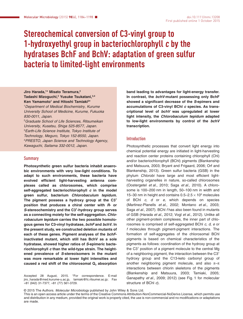 Stereochemical Conversion Of C3 Vinyl Group To 1 Hydroxyethyl Group In Bacteriochlorophyll C By The Hydratases hf And hv Adaptation Of Green Sulfur Bacteria To Limited Light Environments Topic Of Research Paper In Biological