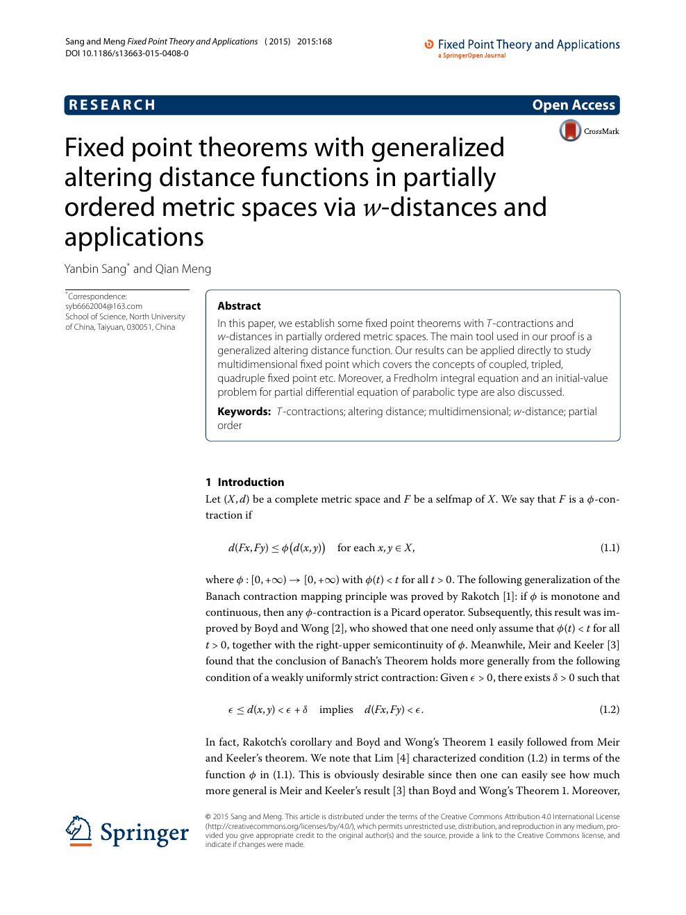 Fixed Point Theorems With Generalized Altering Distance Functions In Partially Ordered Metric Spaces Via W Distances And Applications Topic Of Research Paper In Mathematics Download Scholarly Article Pdf And Read For Free